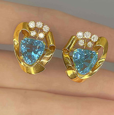 Unique 1940s Aquamarine Diamond 14K Yellow Gold Earrings
