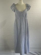 Time and Tru Blue Stripe Cottagecore Midi Dress Puff Sleeve Coastal Boho L 12-14