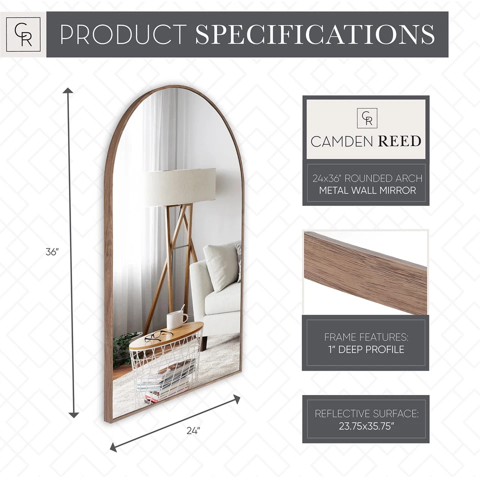 24x36 Inch Rounded Arch Metal Wall Mirror, Mirror for Entryway, Living Room, ... - Image 2 of 4