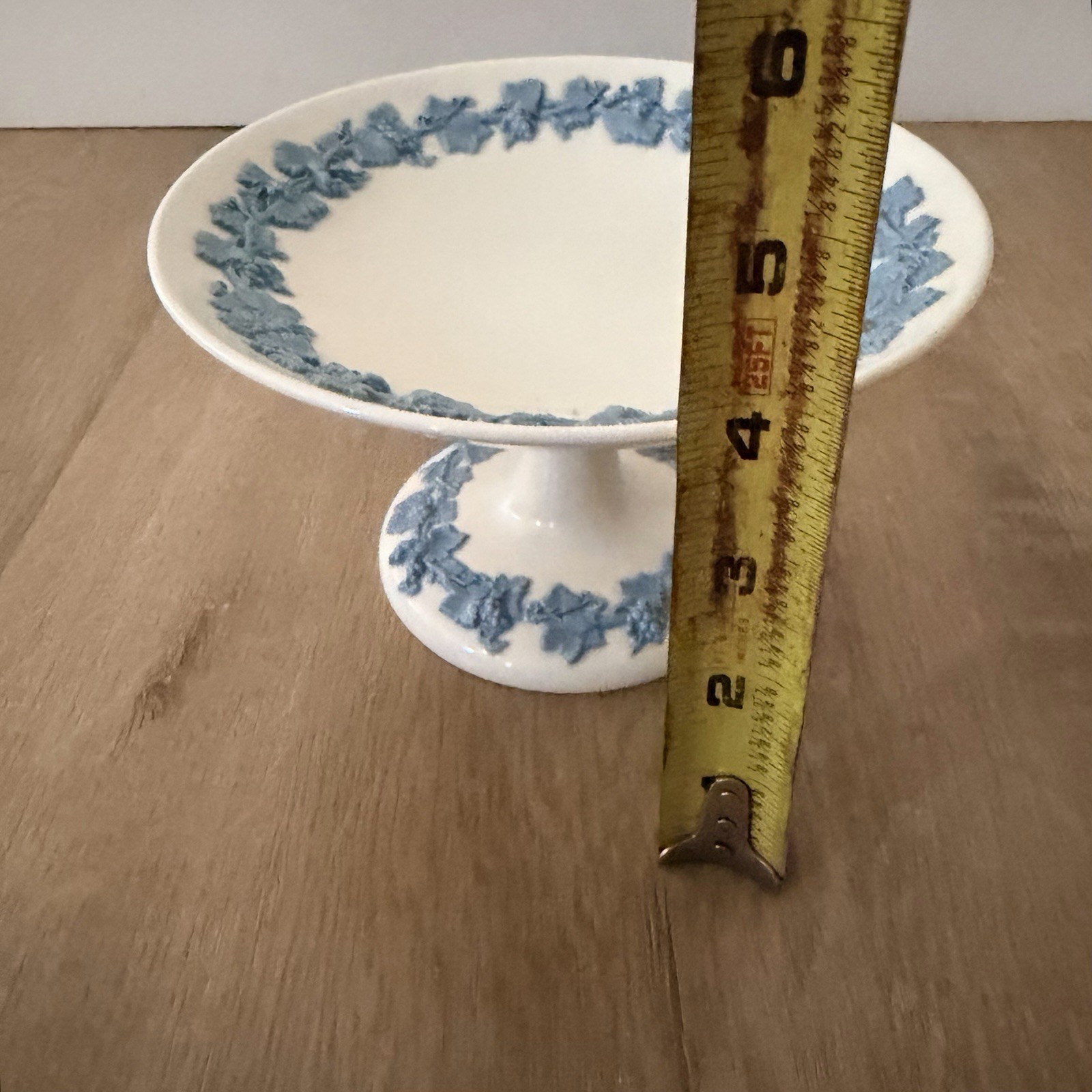 Vtg Wedgwood Queensware 6.5" Pedestal Plate Dish Embossed Blue on Cream Compote