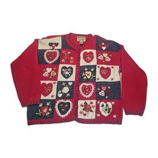 Vtg L Y2K Heirloom Collectibles Embroidered Sweater Hearts Flowers Womens Red