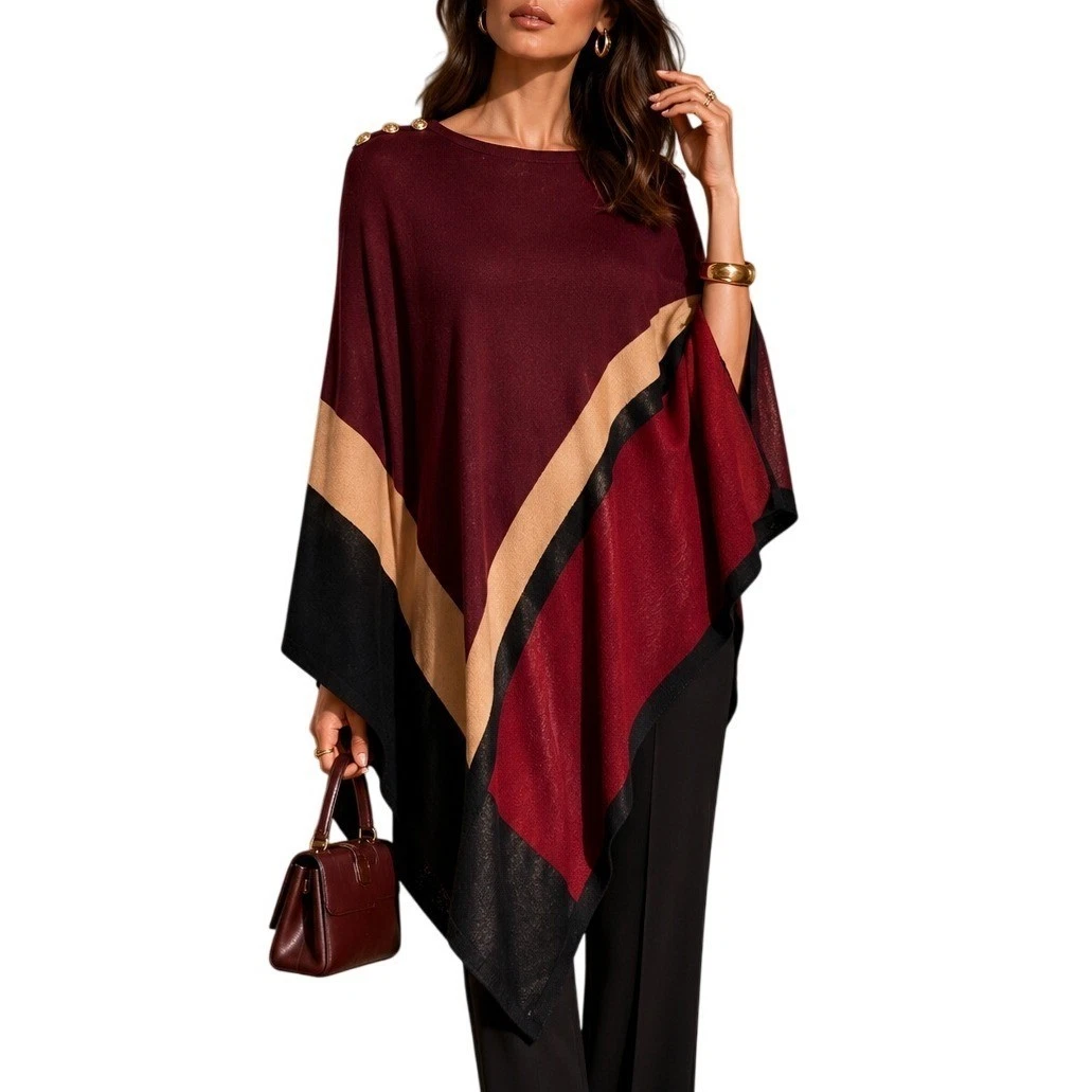 White House Black Market Colorblock Knit Poncho Burgundy Black Gold Button Med