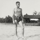 1940s Handsome Man Swim Trunks Barefoot Male Physique Gay Int Vtg Snapshot Photo — photo 1