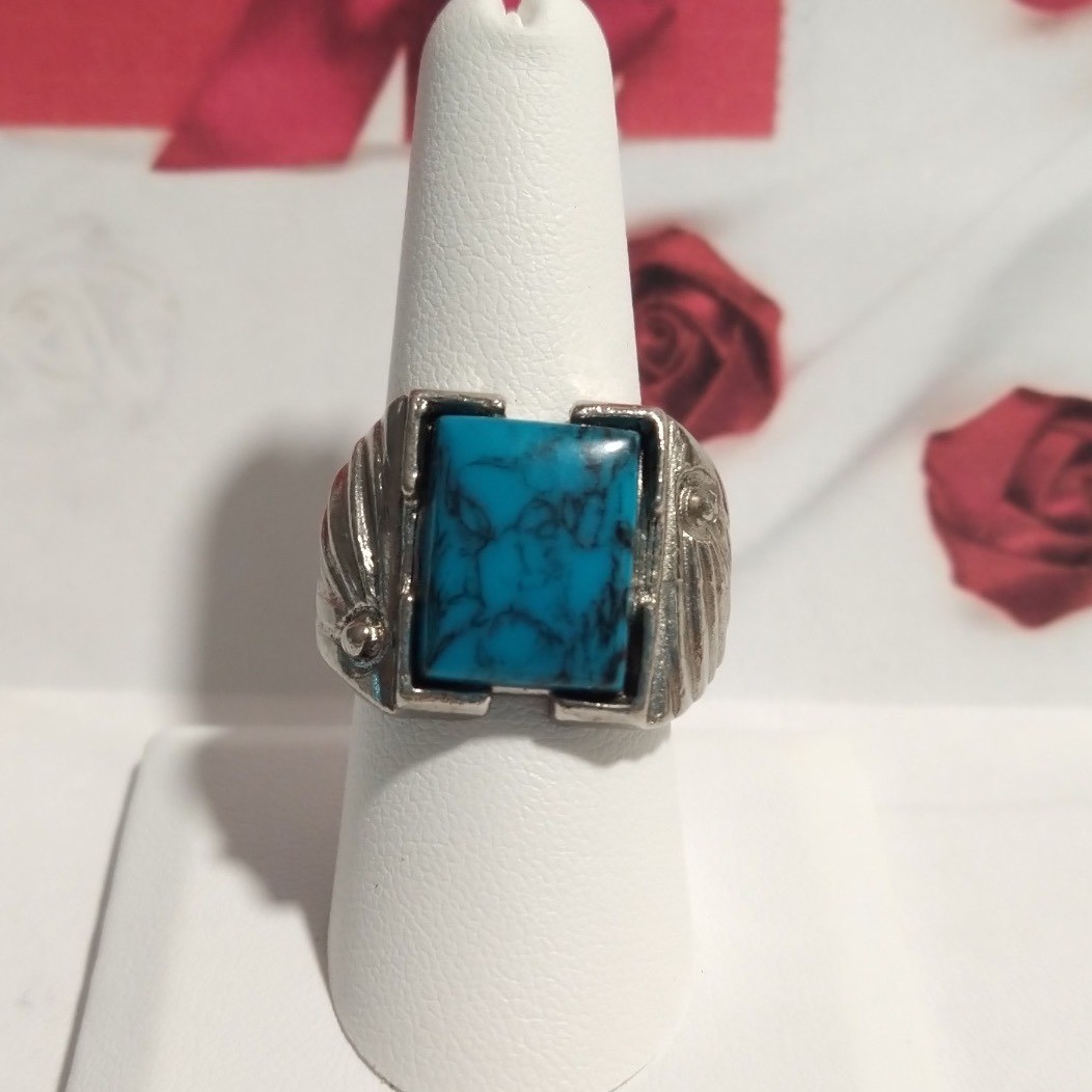 Turquoise Ring Silver Tone Statement Ring Band Re… - image 2