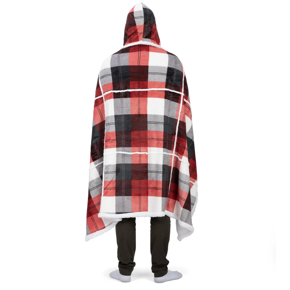 Hooded throw wearable blanket red white and dark squares - Image 3 of 4