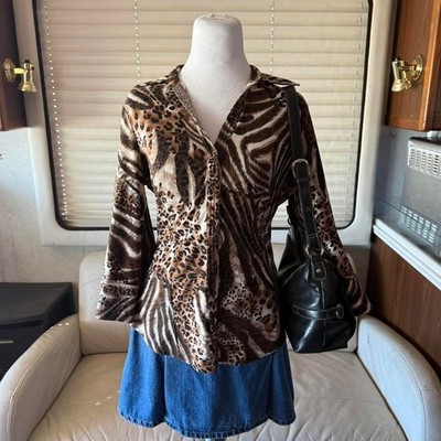 Y2K fitted summer boho animal cheetah print button up office siren blouse