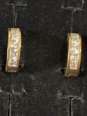 Gold Tone Rhinestone Huggie Hoop Earrings Small Thick CZ Channel Set Hoops 0.5 
