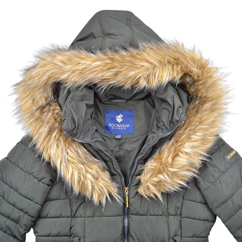 Rocawear Puffer Jacket Womens Large Green Faux Fur Hooded Long Parka Maxi Coat - Bild 10 von 18