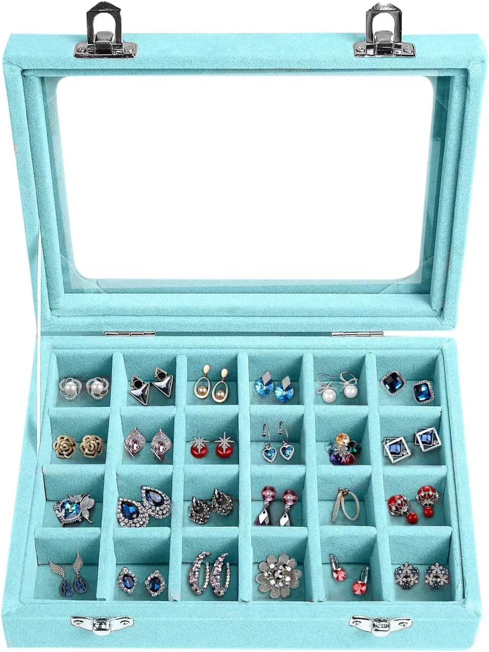24-Grid Velvet Jewelry Box with Detachable Earring Tray & Holder-image