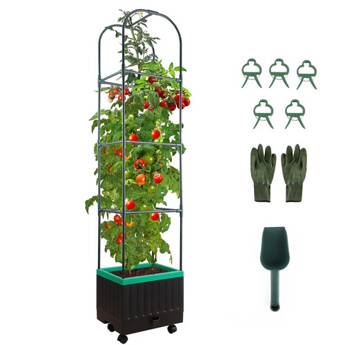 Raised Garden Bed with Self Watering Garden Pots, Planter Box with Trellis fo...