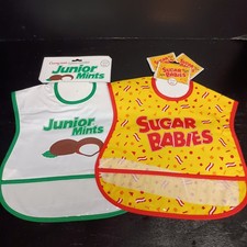Vintage Lot Of 2 Vinyl Baby Bibs Candy Theme Jr Mints Sugar Babies NWT