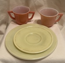 Vintage Hazel Atlas Child Little Hostess Sugar Creamer Saucer Plate Pastel Glass