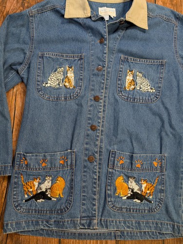 Giacca vintage rara Casey Coleman donna jeans denim lavoro gatti ricamata taglia S - Foto 2 di 13