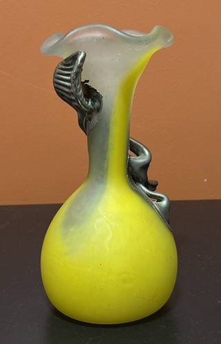 Yellow Blown Art Glass Vase Abstract Metal Overlay Decorative Collectible - Picture 6 of 15
