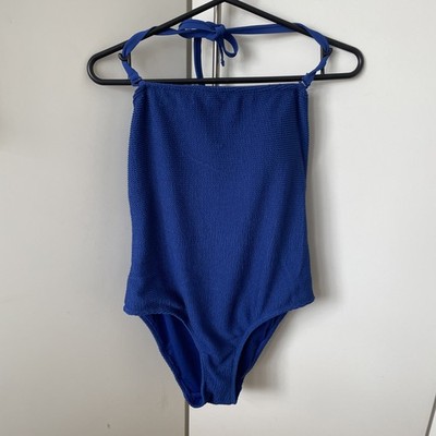 MATALAN Royal Blue Halterneck Tie Up Bandeau Ribbed Swimming Costume - Uk 14