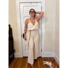 70s Vintage Cream Jumpsuit with Crochet Detailing Sz XS