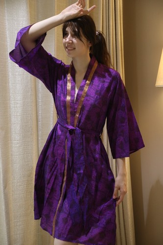 Bata kimono midi de seda pura hasta la rodilla vestido kimono de seda púrpura PS MKMO2091 - Imagen 2 de 12