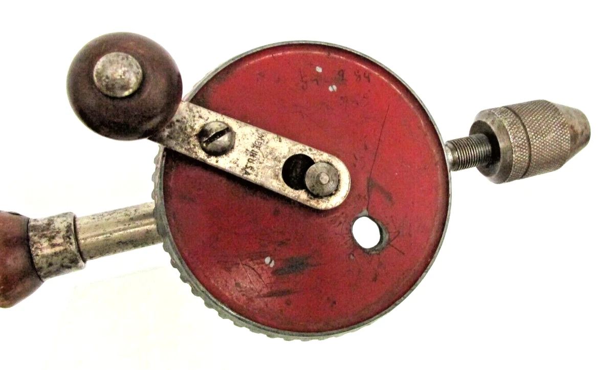 Vintage Hand Drill Made in USA Hand Crank Wood Handle Metal Rod