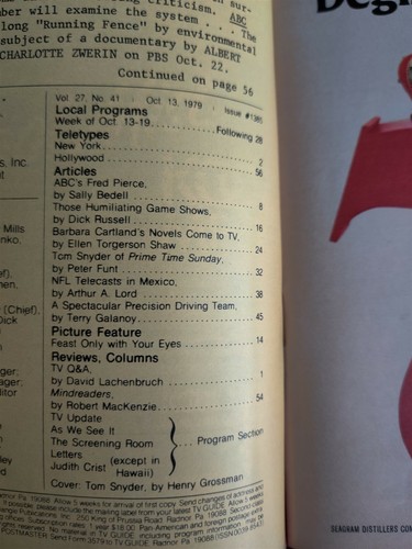 TV Guide October 13, 1979 Tom Snyder - Barbara Cartland - Fred Pierce No Label - Picture 2 of 2