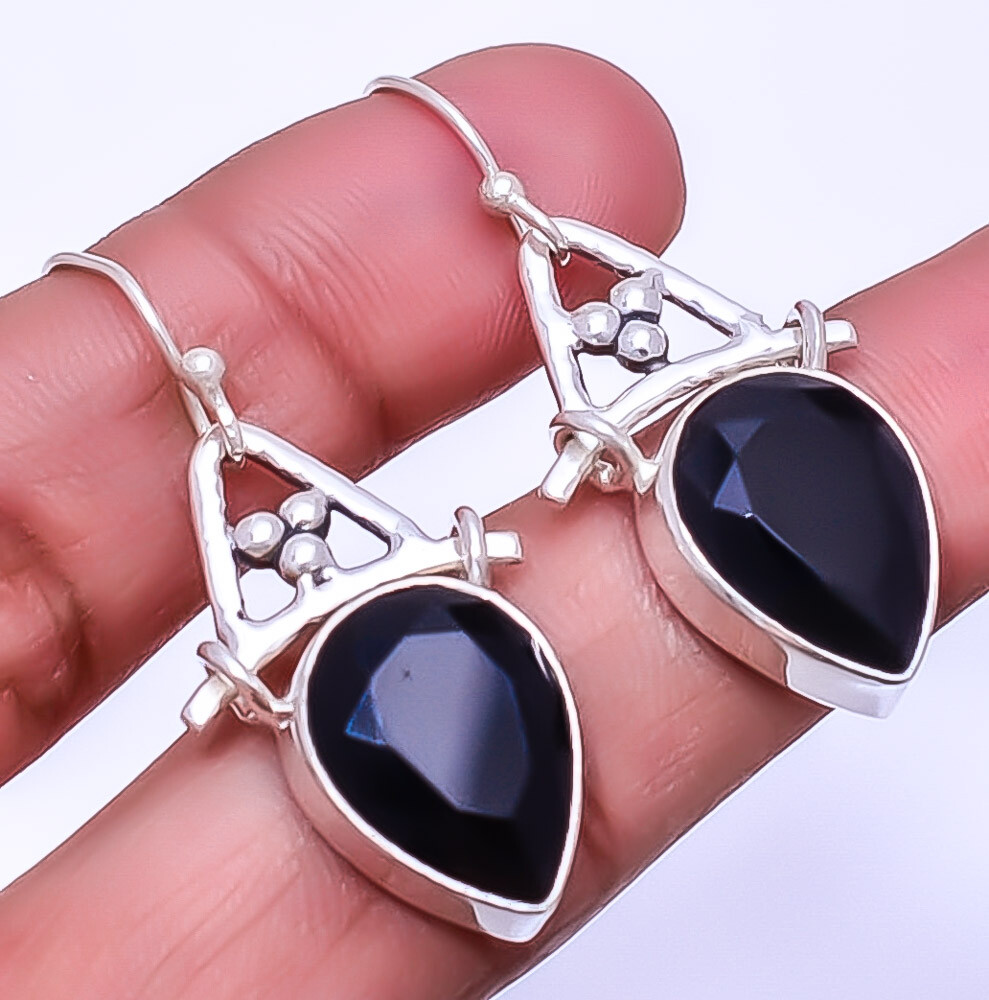 Black Onyx Designer Handmade 925 Sterling Silver Dangle Earrings 1.64 Inches  