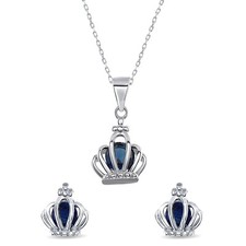 925 Sterling Silver Blue Sapphire Cz Crown Pendant Charm  Earrings Set 18" Chai
