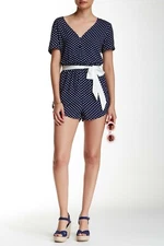 Tea And Cup Size Medium Navy Blue Polka Dot Romper Belted