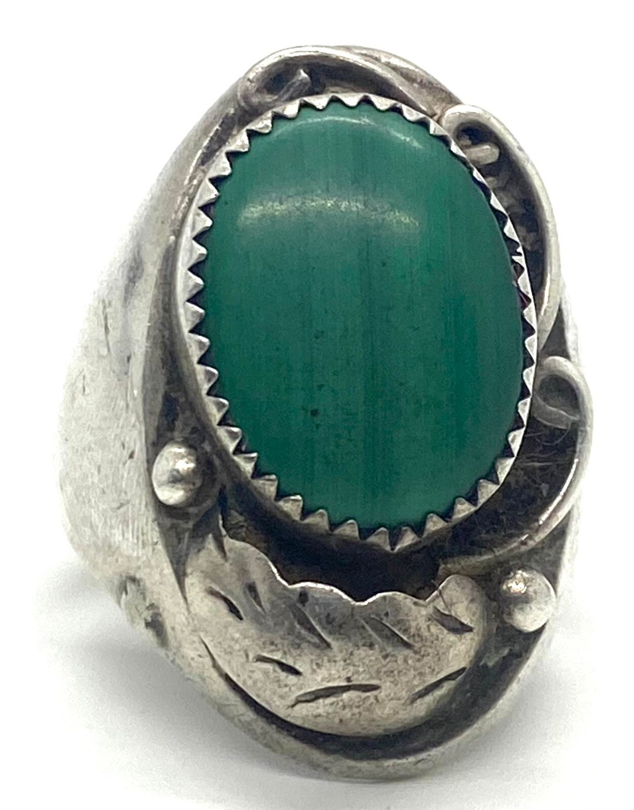 Heavy Solid Oval Green Malachite Leaf Sterling Si… - image 1