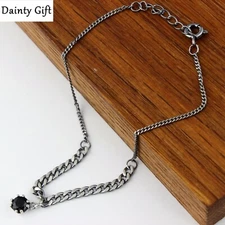 Women / Girl 925 Sterling Silver Dangle Black CZ Drill Anklet Bracelet 7.75-9"