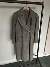 Vintage Harris Tweed Scottish Wool Long Coat Hand Woven Overcoat Double Breated