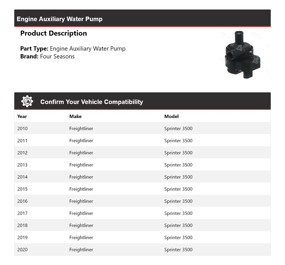 Bomba de agua auxiliar para motor Freightliner Sprinter 3500 2010-2020 4 estaciones Foto 2 de 4