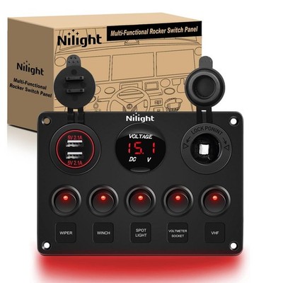 5 Gang Rocker Switch Panel with Dual USB Charger & Voltmeter for RVs, Cars, Boat