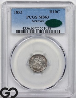 1853 Seated Liberty Half Dime With Arrows PCGS MS 63 CAC Cert. Razor Sharp!