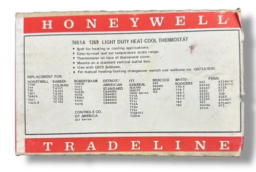 Vintage Honeywell Tradeline T651A 1269 Light Duty Heat Cool Thermostat New