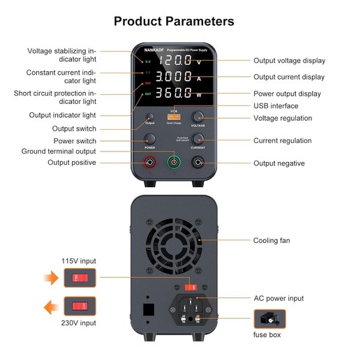 Adjustable Switching Power Supply DC Power Supply (0-120V, 0-3A) USB Fast Charge - Picture 4 of 7