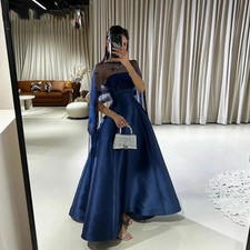 Charming Navy Blue Evening Dresses A Line Women Prom Gowns with Cape Sweep Train