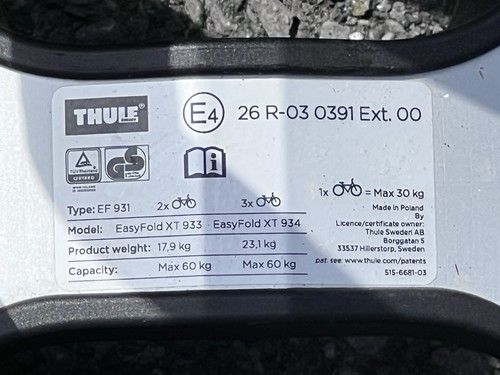 Thule EasyFold XT 933, 2 Bike Cycle Carrier Rack Tow Bar Ball Mounted Foldable - Picture 6 of 17