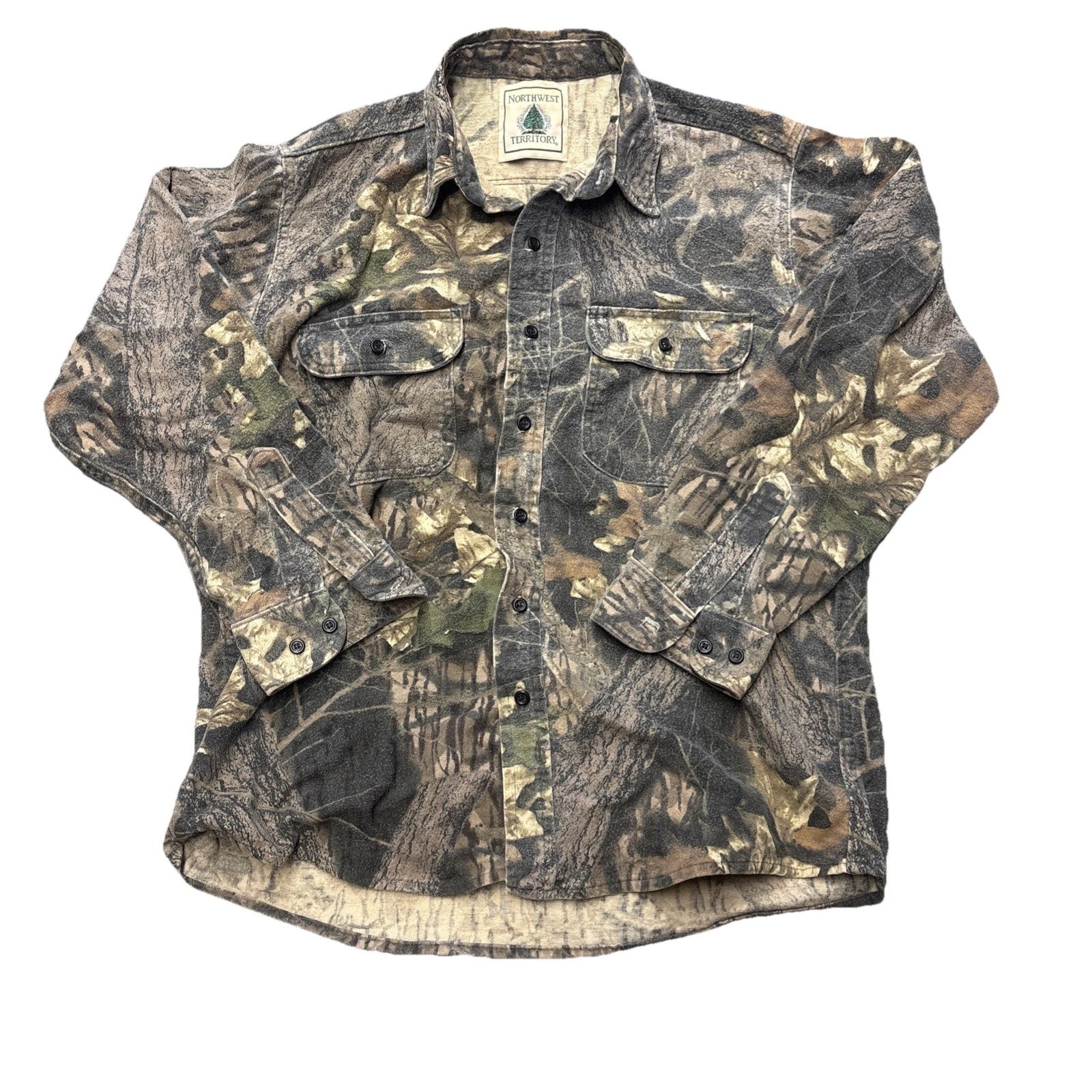 Vintage Northwest Territory Camo Flannel Shirt Mens L Flap Outdoor Pockets Hunt