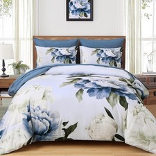 Blue Queen Comforter Set 7 Piece Bed in a Bag Queen, Blue Floral Print on Lig...