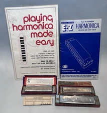 (Qty 5)  Harmonicas Hohner Marine Band 1896 and Swing Band and How to Play Books