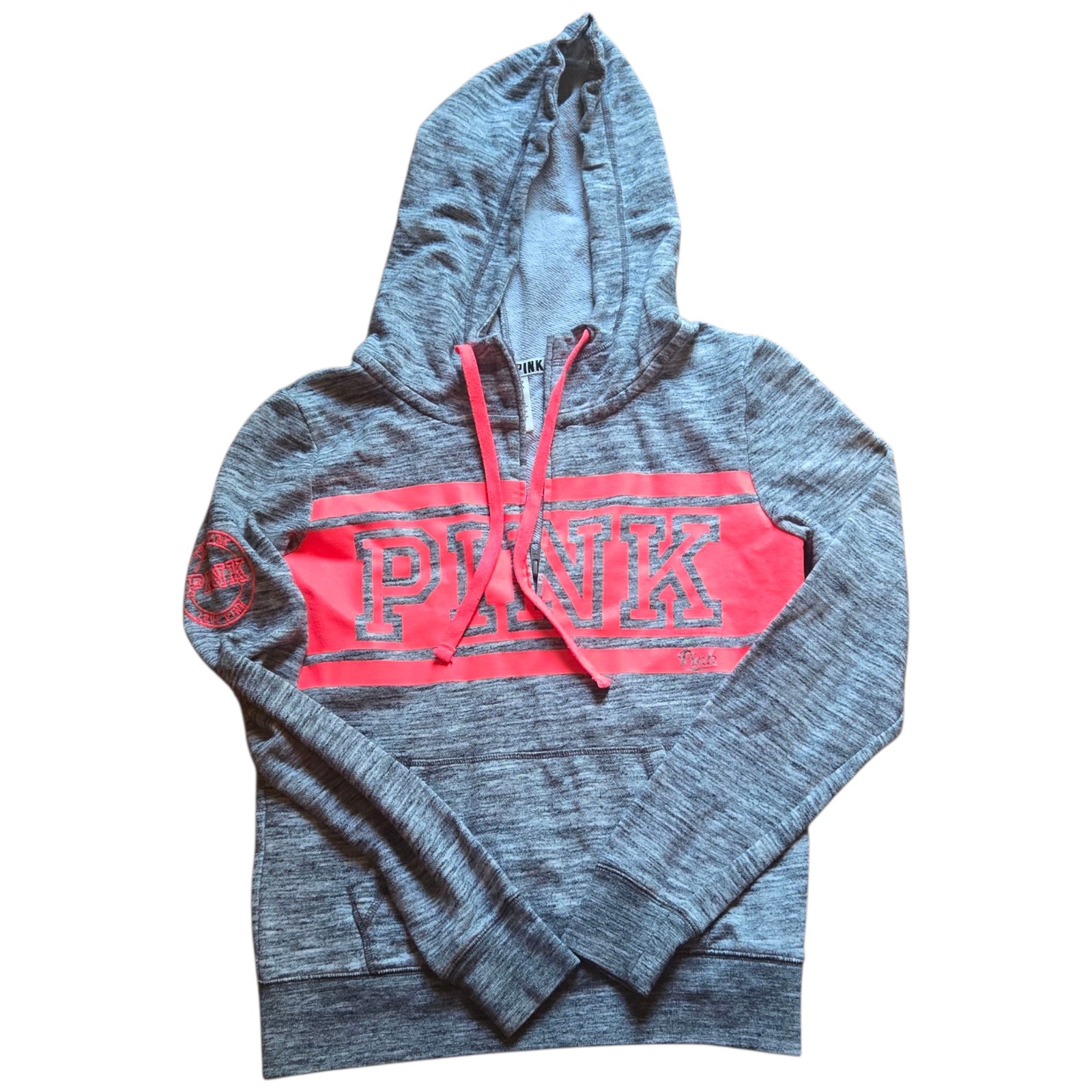 Victoria's Secret PINK Gray Neon Pink Quarter Zip Hoodie Sweatshirt Womens XS