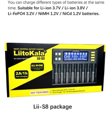 LiitoKala LII-S8 8 Bank Battery Charger + 9V Charger AA AAA C Li-on, NImh, Nicd