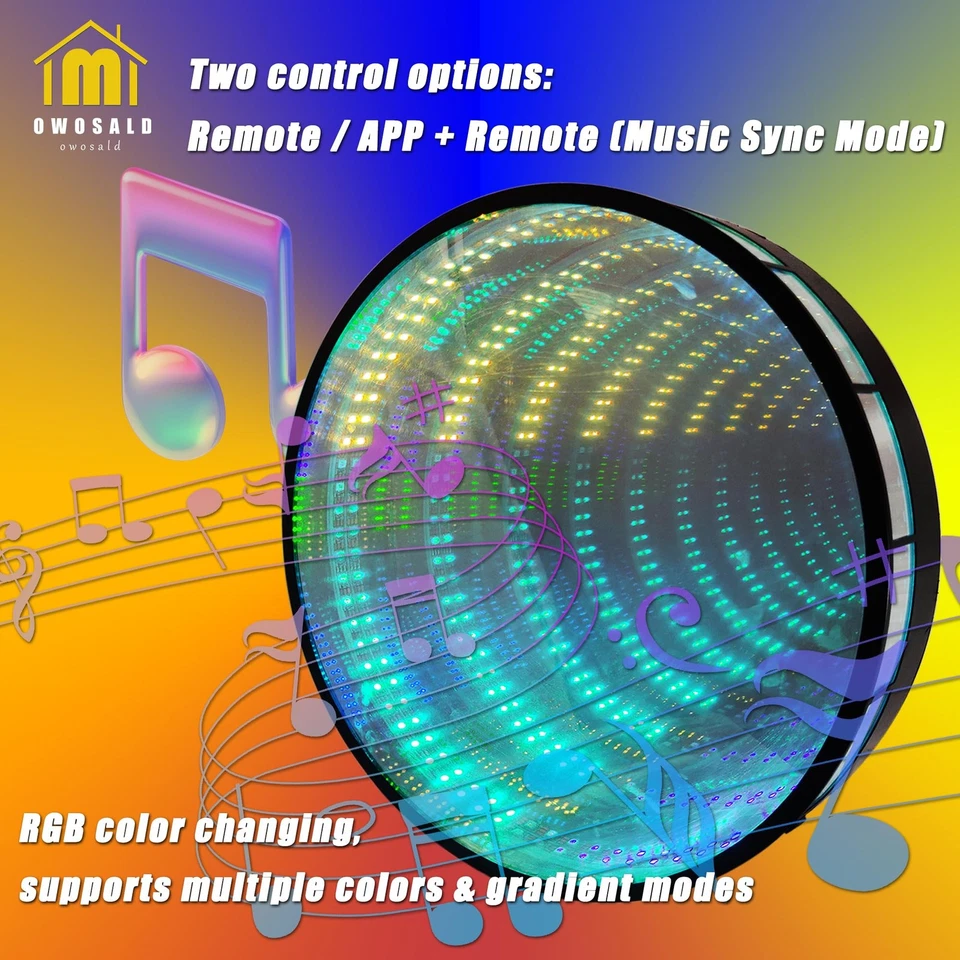 Espelho Smart Infinity 40cm/15,7 polegadas, decoração de parede acrílico preto espelho LED... - Imagem 4 de 4