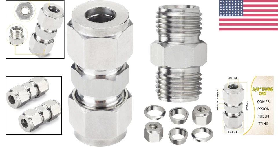 Leak-Proof 2-Pack 3/8" OD Union Compression Tube Fitting in Stainless Steel Foto 2 de 4