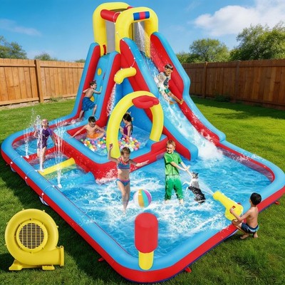 Kids Inflatable Bounce House Water Park Water Slide Climbing Jumping Dual Pools