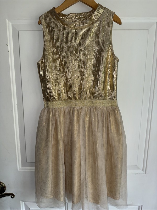 Nannette Kids Girls Size 10 Dress Gold Shiny  Tulle Sleeveless Twirl Comfy