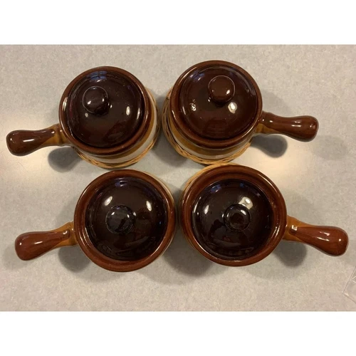Vtg set 4 Stoneware French Onion Soup Chili Bean Crock Bowl with handle and lid