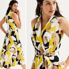 Nine West Wrap Midi Dress XXL Yellow Black Abstract Belted Pockets