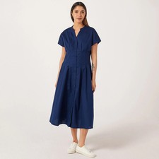 Ben De Lisi Pintuck Pleat Midi Dress Size 16 Petite NEW Navy Blue Poplin Cotton