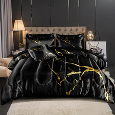 Black Gold Marble Comforter Queen Size with Sheet Set 8 Pcs Bed in a Bag Satin B
