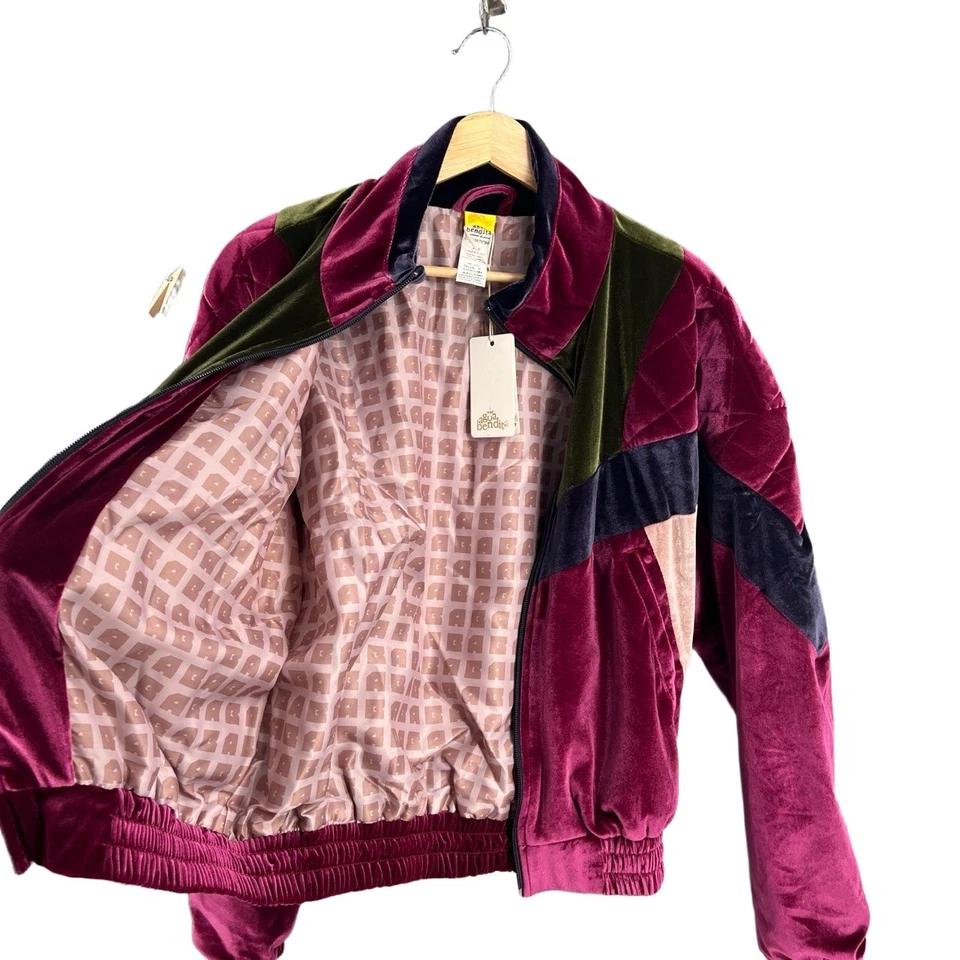 Agua Bendita Jacket Dark Pink Quilted Velour Colorblock Retro Zipper Medium New - Image 2 of 4